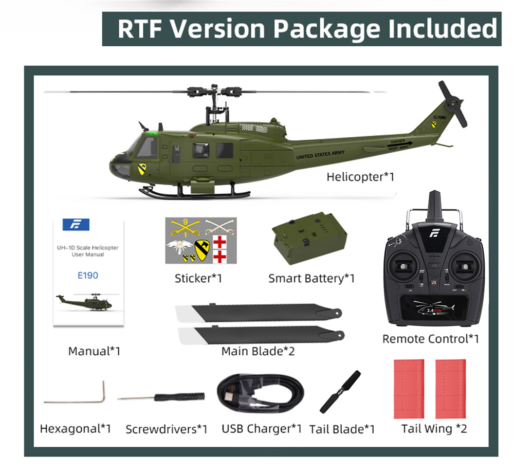 Eachine E190 1:34 UH-1 HUEY Scale 2.4G 6CH Altitude Hold Optical Flow Positioning Dual Brushless Motor RC Helicopter