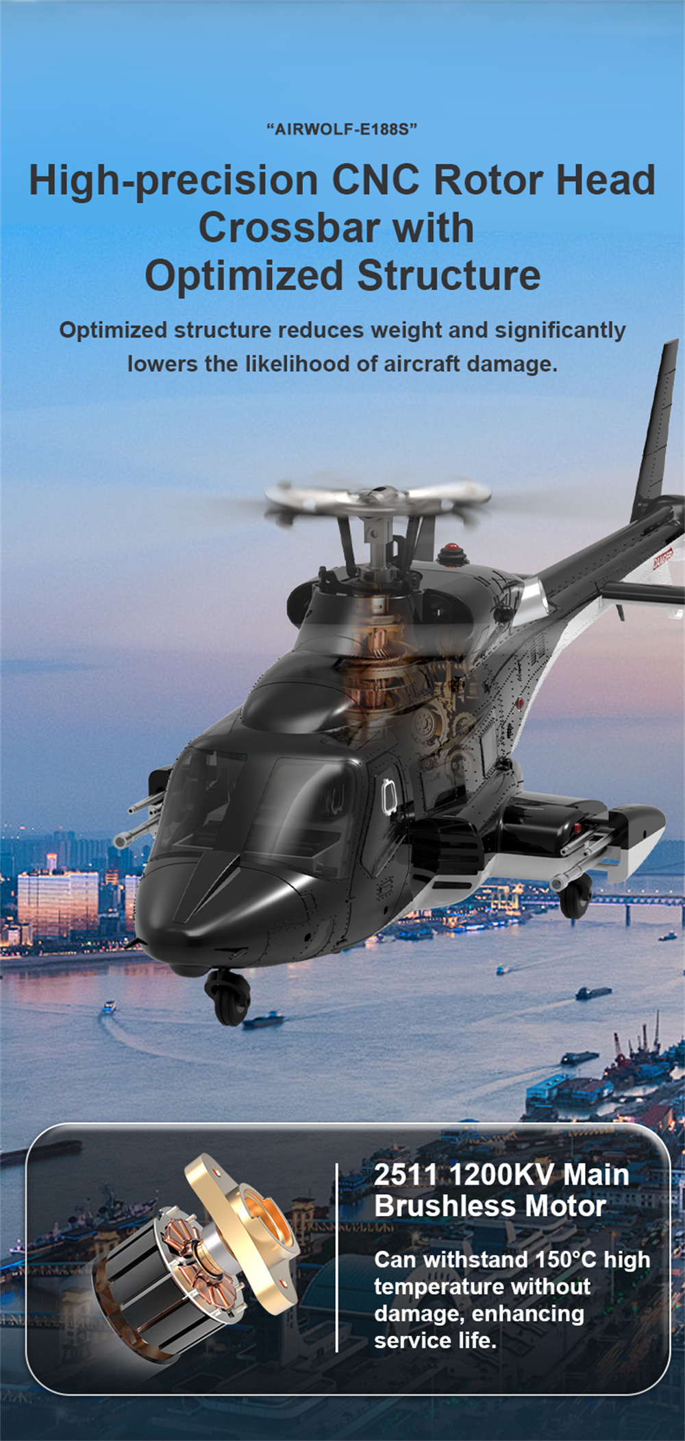 Eachine E188S AirWolf 2.4G 9CH 6G GPS Optical Flow Localization LiDAR TOF Altitude Hold Dual Brushless Motor 1:34 Scale Flybarless RC Helicopter RTF With Aluminum Box