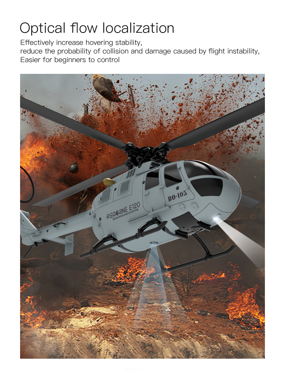 Eachine E120 2.4G 4CH 6-Axis Gyro Optical Flow Localization Flybarless BO-105 Scale RC Helicopter RTF