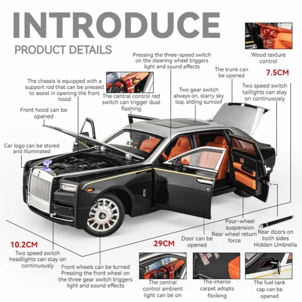 1:18 Rolls Royce Phantom Diecast Zinc Alloy Car w/ Sound & Light - Image 4