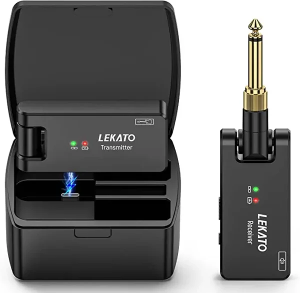 black: LEKATO Wireless Guitar System Guitar Wireless Transmitter Receiver 2.4Ghz Rechargeable Wireless Audio System (WS-100)