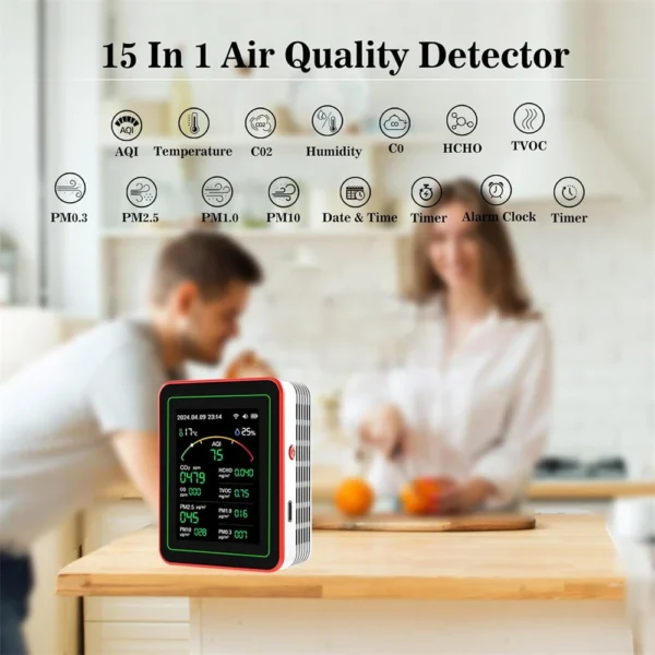 15-in-1 air quality monitor smart tester measures CO2 CO TVOC HCHO PM2.5 PM1.0 PM10 AQI real-time display battery powered for home office - Image 2