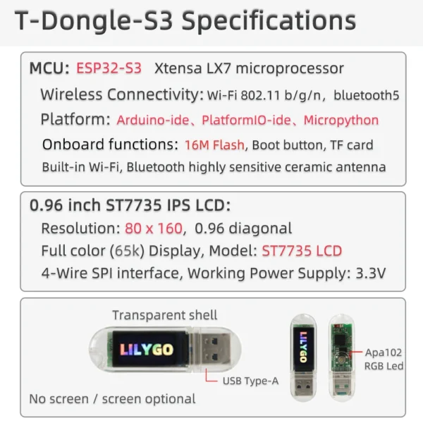 T-Dongle-S3 ESP32-S3 Development Board With Screen Dongle 0.96 inch ST7735 LCD Display Support WiFi Bluetooth TF Card LILYGO® - Image 6