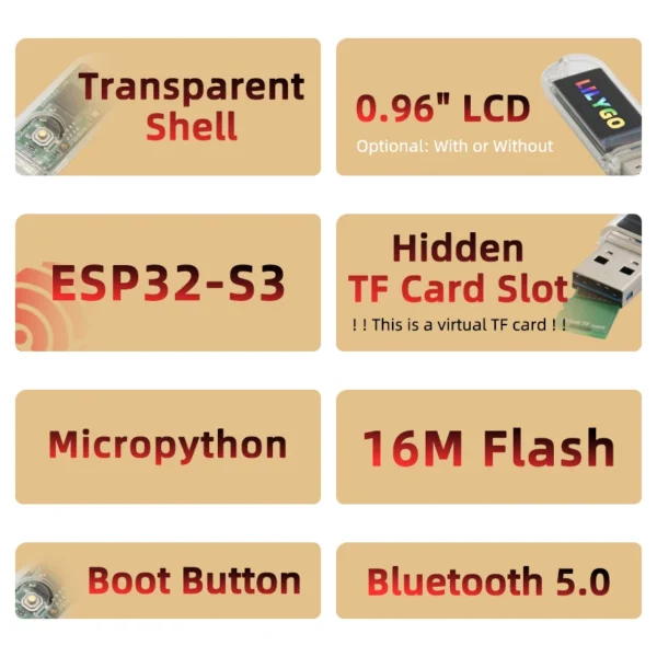 T-Dongle-S3 ESP32-S3 Development Board With Screen Dongle 0.96 inch ST7735 LCD Display Support WiFi Bluetooth TF Card LILYGO® - Image 3