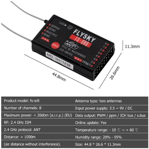 FlySky FS-SR8 2.4GHz ANT Mini Receiver 8-Channel for RC Car Airplane Helicopter Drone FS-ST8 Radio Transmitter - Image 3