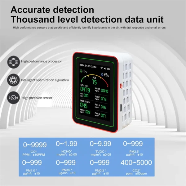 15-in-1 air quality monitor smart tester measures CO2 CO TVOC HCHO PM2.5 PM1.0 PM10 AQI real-time display battery powered for home office - Image 5