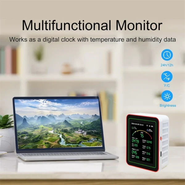 15-in-1 air quality monitor smart tester measures CO2 CO TVOC HCHO PM2.5 PM1.0 PM10 AQI real-time display battery powered for home office - Image 4