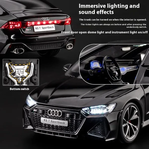 1:18 AUDI RS7 Sportback Coupe RC Alloy Diecast Metal Model Car with Sound Light Show Display Series in Black - Image 5