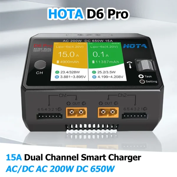 HOTA D6 Pro AC 200W DC 650W 15A Dual Channel Lipo Charger with Power Distribution for 1-6S Battery Charging RC Models and Accessories