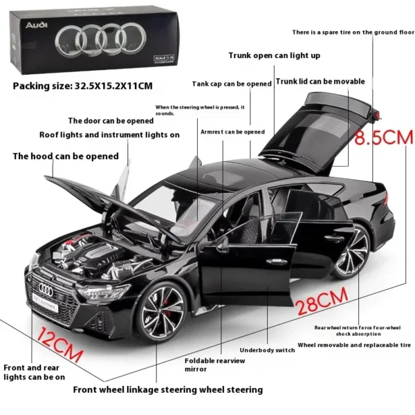 1:18 AUDI RS7 Sportback Coupe RC Alloy Diecast Metal Model Car with Sound Light Show Display Series in Black - Image 3