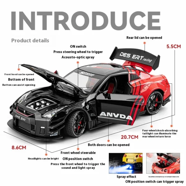 1:24 Nissan GTR R35 Spray Supercar Alloy Car Model with Sound and Light Collectible Replica - Image 6