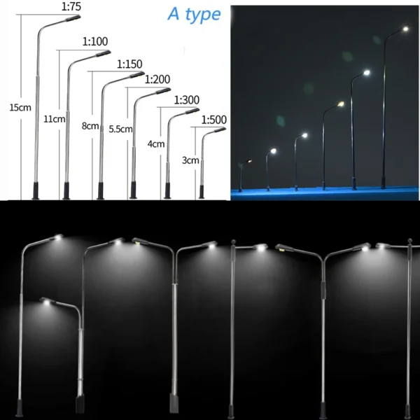 Scale 1:75-1:500 Miniature Metal Street Lamp Model with 3V LED Lights for Building Sand Tables HO Railway Scene Diorama Kits