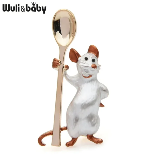 Wuli&baby Holding Spoon Smiling Mouse Brooches Women Alloy Enamel Rat Animal Casual Party Brooch Pins New Year - Image 4