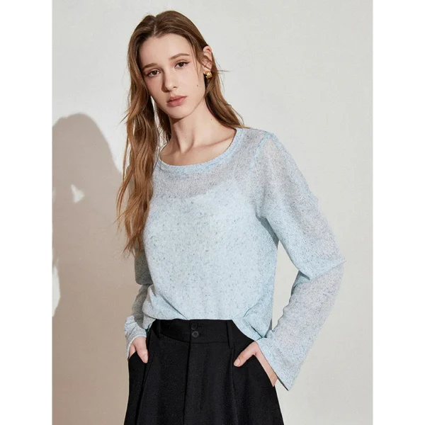 TOYOUTH Women Long Sleeve T-shirt 2025 Spring New See Through Romantic Long Sleeve Round Neck Knitted Tops - Image 2