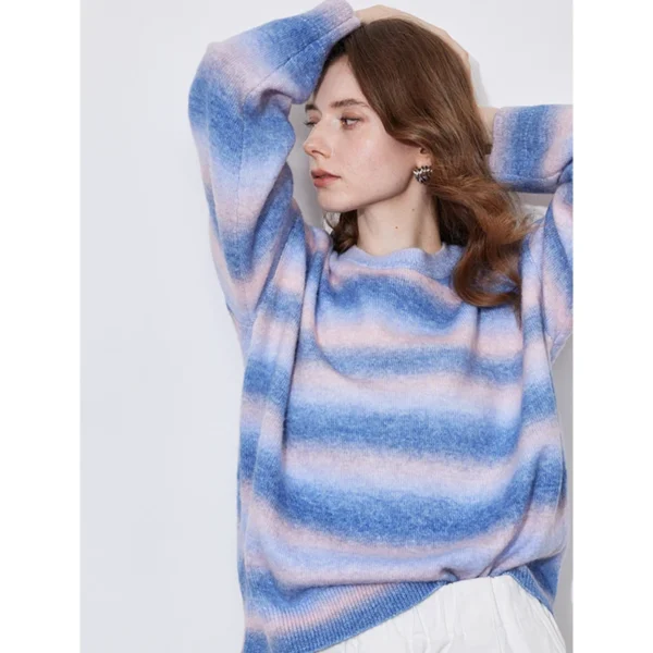 TOYOUTH Women Sweater 2025 Spring New Dreamy Purple Stripe Gradient Color Round Neck Knitted Round Neck Pullover Tops - Image 3