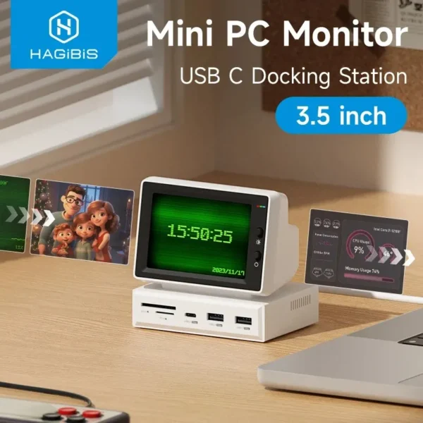 Hagibis 3.5inch IPS Mini Screen AIDA64 Mini PC CPU RAM HDD Data Monitor Display Sub Screen with USB C Hub  Laptop PC MacBook