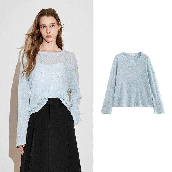 TOYOUTH Women Long Sleeve T-shirt 2025 Spring New See Through Romantic Long Sleeve Round Neck Knitted Tops - Image 6