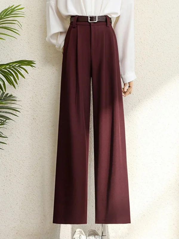 Spring 2025 New Burgundy Suits Pants  Women Office Lady Elegant High Waist Wide Leg Fashion Trousers with Pockets Black Gray - Image 2