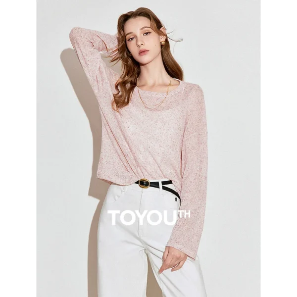 TOYOUTH Women Long Sleeve T-shirt 2025 Spring New See Through Romantic Long Sleeve Round Neck Knitted Tops