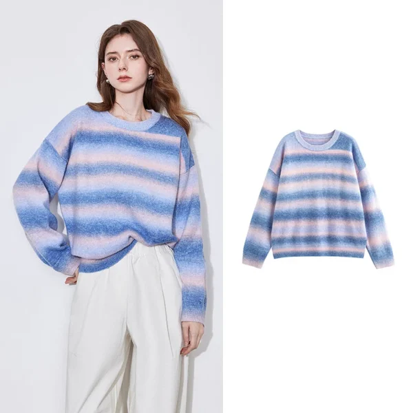 TOYOUTH Women Sweater 2025 Spring New Dreamy Purple Stripe Gradient Color Round Neck Knitted Round Neck Pullover Tops - Image 6