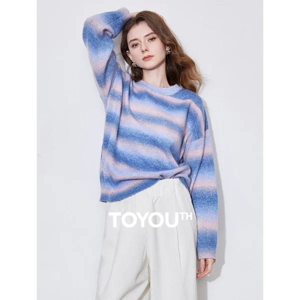 TOYOUTH Women Sweater 2025 Spring New Dreamy Purple Stripe Gradient Color Round Neck Knitted Round Neck Pullover Tops