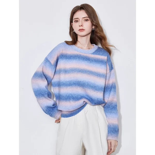 TOYOUTH Women Sweater 2025 Spring New Dreamy Purple Stripe Gradient Color Round Neck Knitted Round Neck Pullover Tops - Image 2