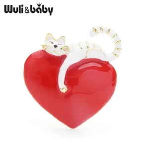 black: Wuli&baby Original Enamel Heart Lazy Cat Brooch Pins  Lovers   Wedding Jewelry Brooch 2019 Christmas New Year - Image 5
