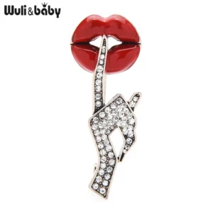 Wuli&baby Crystal Women Hand Gesture Red Enamel Lip Brooch Pin Jewelry - Image 2