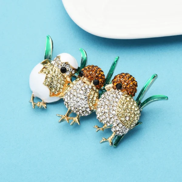 Wuli&baby 3 Full Sparkling Rhinestone Chick Brooch Pins Enamel Green Grass Cute Little Bird Brooches  Women And Child - Image 4