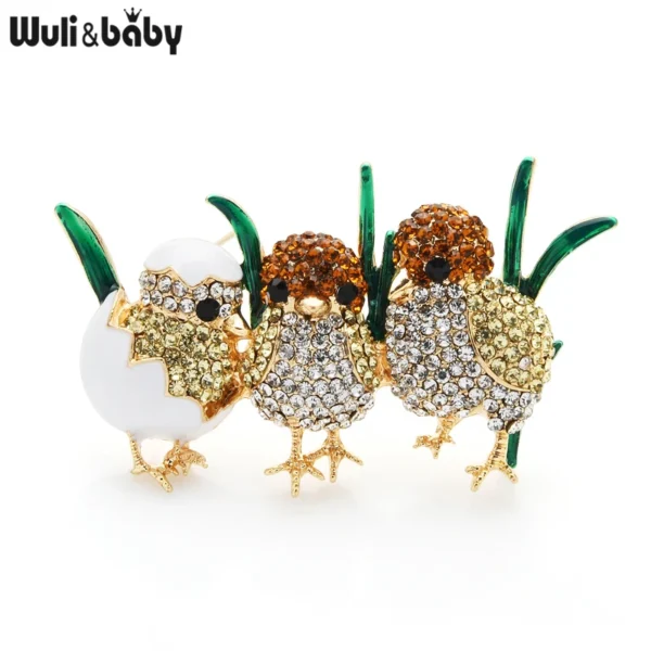 Wuli&baby 3 Full Sparkling Rhinestone Chick Brooch Pins Enamel Green Grass Cute Little Bird Brooches  Women And Child