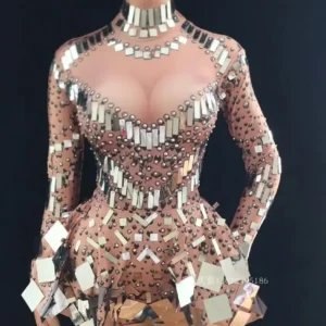 Sexy Show Singer mirror dress stage dance wears Sparkly Silver Sequins Bodysuit Dress Rhinestone Costume - Image 6