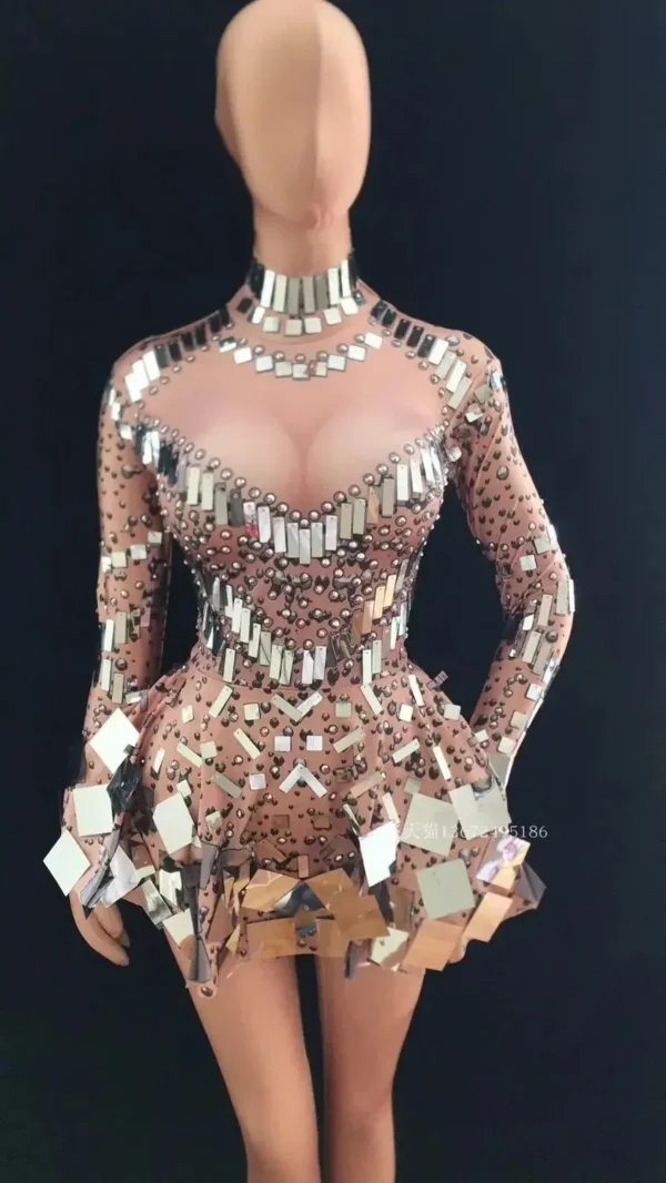 Sexy Show Singer mirror dress stage dance wears Sparkly Silver Sequins Bodysuit Dress Rhinestone Costume - Image 6