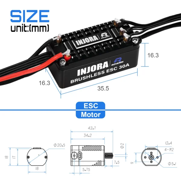 INJORA Roverin Waterproof FOC Power System Sensored Brushless ESC & 180 Motor Combo for TRX4M Ascent-18 (4800Kv) - Image 5