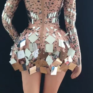 Sexy Show Singer mirror dress stage dance wears Sparkly Silver Sequins Bodysuit Dress Rhinestone Costume - Image 2