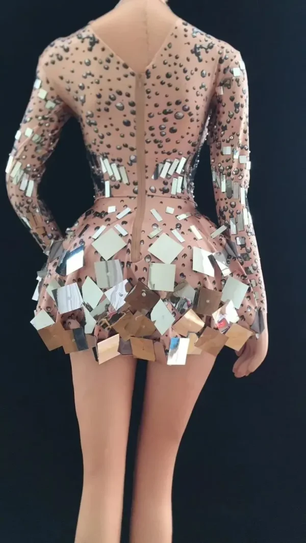 Sexy Show Singer mirror dress stage dance wears Sparkly Silver Sequins Bodysuit Dress Rhinestone Costume - Image 2
