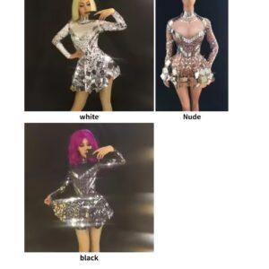Sexy Show Singer mirror dress stage dance wears Sparkly Silver Sequins Bodysuit Dress Rhinestone Costume - Image 7