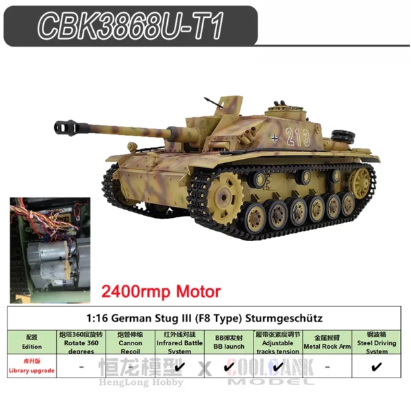 [CBK3868-T-Motor] Coolbank RC Tanks German III F-8 Army Tank HengLong 1: 16 2.4ghz Battle Model Remote Control Tank Vehicles W/ Sound & Light Boys
