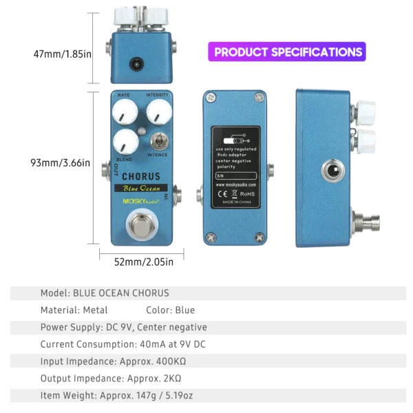 MOSKYaudio Blue Ocean Chorus Guitar Effect Pedal Chorus/True Bypass Rate + Blend + Intensity + Intence Effect Pedal - Image 4