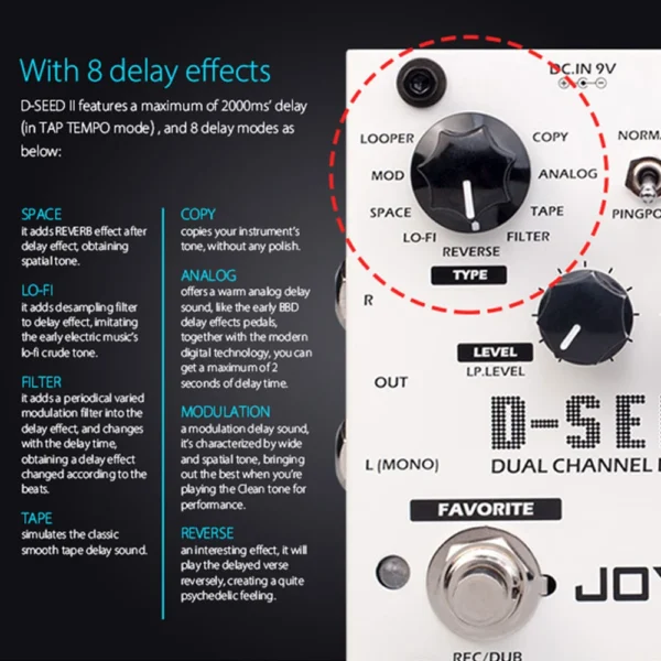 JOYO D-SEED II Delay Effect Guitar Pedal LOOPER Function Stereo Effects Dual Channel 8 Delay Modes Multi-effects Pedal - Image 5