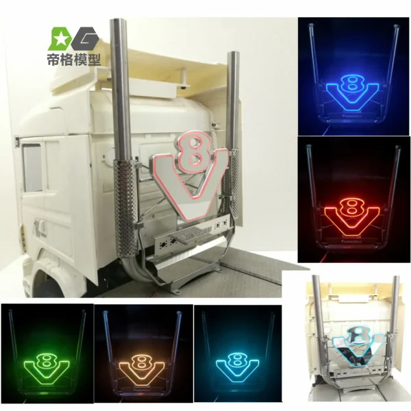 7-Colors-DIY-Change LED V8 LOGO Exhaust Chimney for Tamiya 1/14 RC Truck Scania 770s 56379 V8 Logo Light Exhaust Pipe 1/14 RC Tractor Trailer Parts