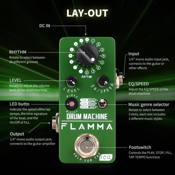FLAMMA FC12 Guitar Drum machine Effects Pedal 48 Grooves Fill Function Tap Tempo Function Dual EQ Presets - Image 6