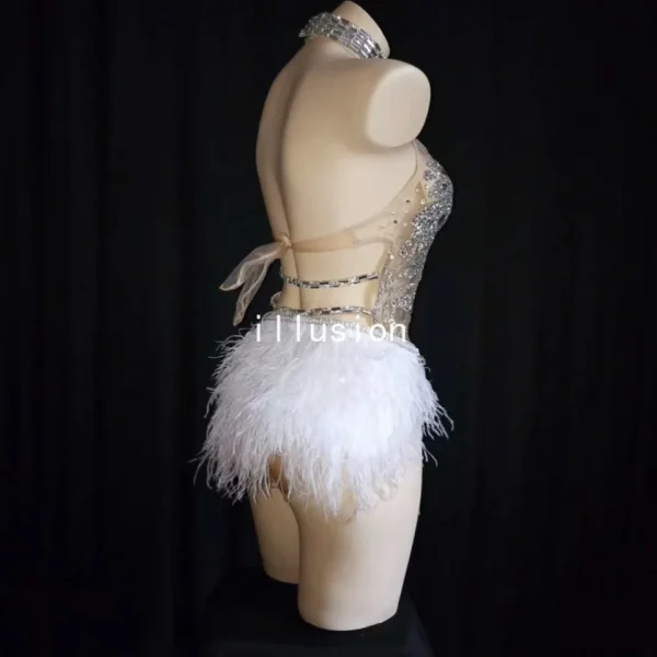 odysuit-with-gloves Sparkly Silver Crystals Mesh Bodysuit Women Feather Leotard Outfit Female Bar Dance Stage Party Dance Costume Celebrate Dress - Image 3