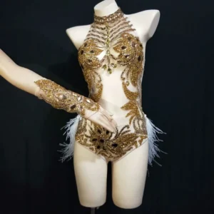odysuit-with-gloves Sparkly Silver Crystals Mesh Bodysuit Women Feather Leotard Outfit Female Bar Dance Stage Party Dance Costume Celebrate Dress