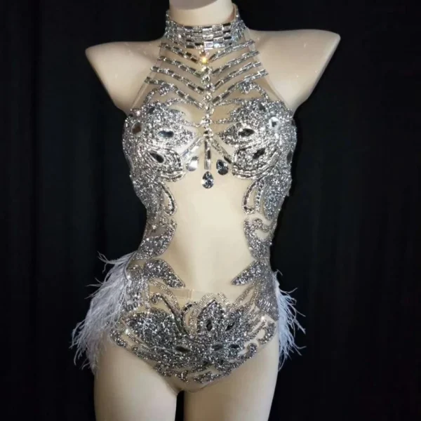 odysuit-with-gloves Sparkly Silver Crystals Mesh Bodysuit Women Feather Leotard Outfit Female Bar Dance Stage Party Dance Costume Celebrate Dress - Image 2