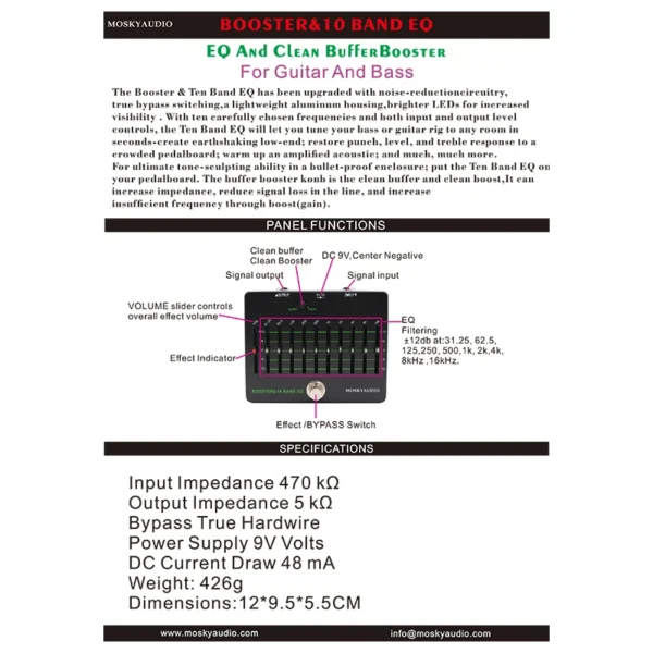 BOOSTER-10-BAND-EQ: NEW MOSKY BOOSTER 10 BAND EQ Guitar Bass Instrument Accessories Qualizer With Clean Buffer Boost Guitar Bass Pedal - Image 6