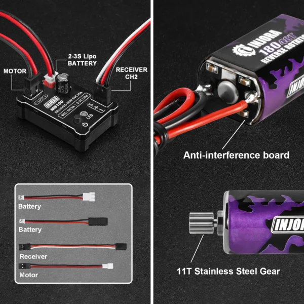 INJORA MB100 R80 20A Brushed Mini ESC with 180 Motor 48T for 1/18 RC Crawler TRX4M Upgrade - Image 5