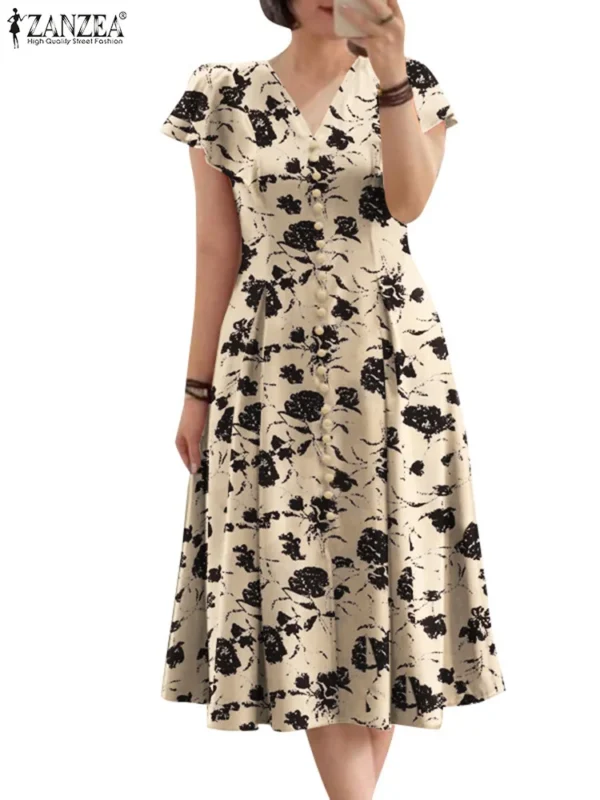ZANZEA Woman Summer Midi Dress Fashion Floral Print Ruffle Cap Sleeves V-neck A-line Vestidos Casual Fitted-waist Party Sundress - Image 4
