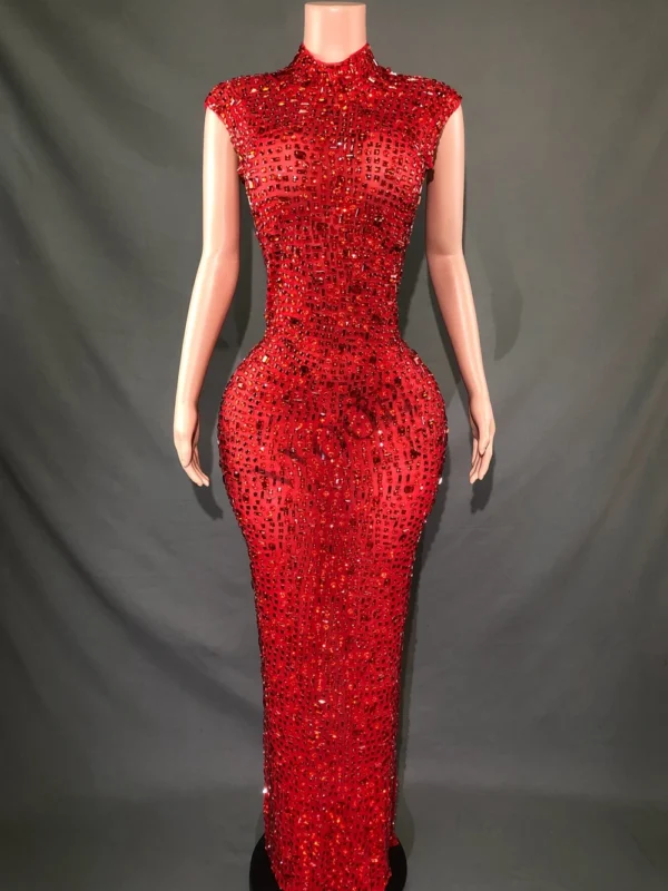 Sparkly Red Rhinestone Sleeveless Stretch Long Dress Women Sexy Mesh Celebrate Evening Prom Birthday Dress Photo Shoot Show Wear - Image 2