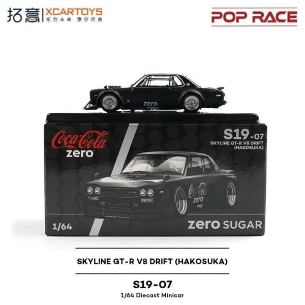 Xcartoys x POP RACE 1:64 SKYLINE GT-R V8 DRIFT (HAKOSUKA) ZERO BLACK CHROME Diecast Model Car - Image 2