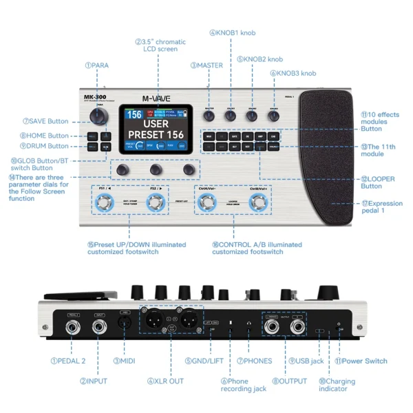 M VAVE MK 300 Guitar Multi Effect Processor | ANN Neural Modeling 120AMP/360FX | 10h 150s STEREO LOOPER128 Drum MIDI DAW - Image 6